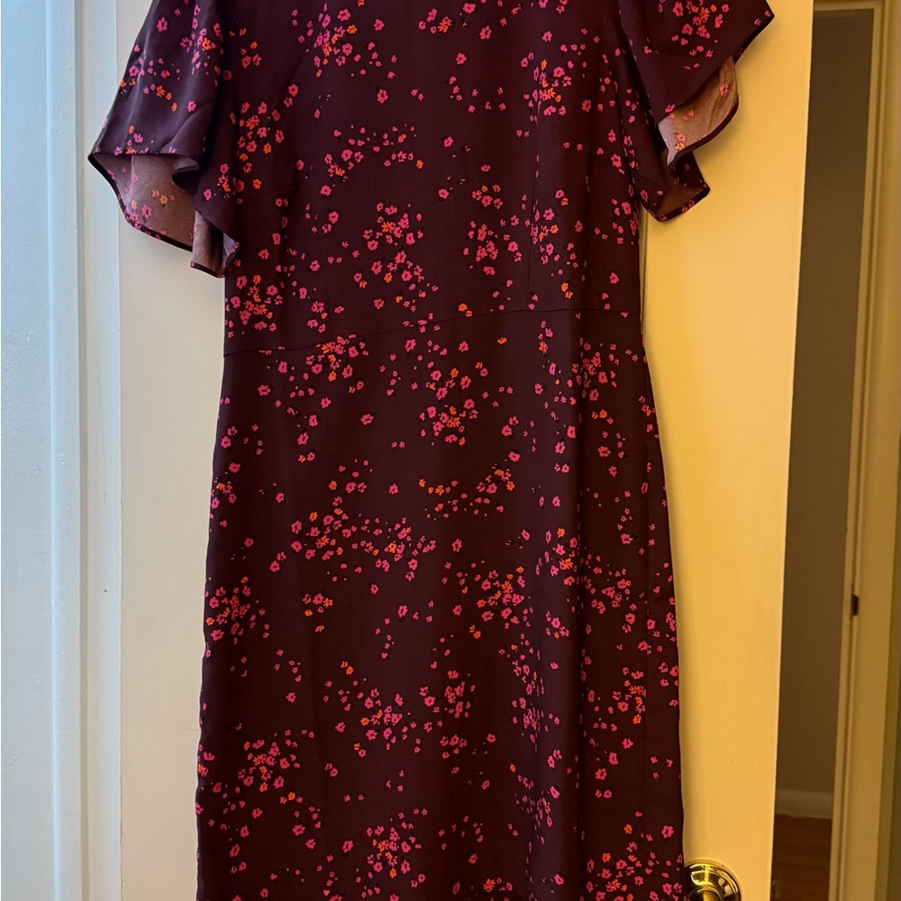 Ann Taylor Dark Purple Midi Dress with Pink Floral Pattern